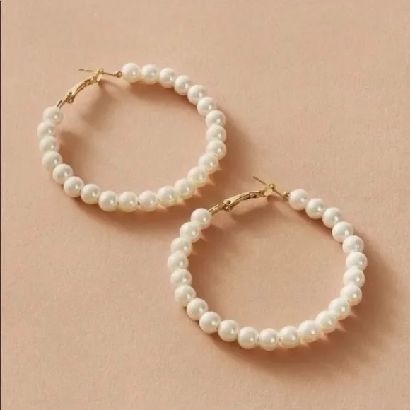 Elegant Gold & Pearl Hoop Earrings - Picture 2 of 5